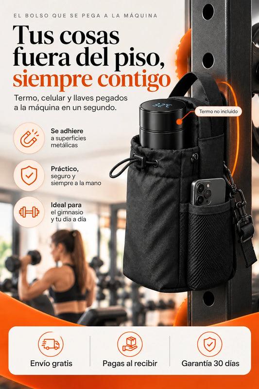 Bolso magnético para gimnasio pegado a un rack de acero
